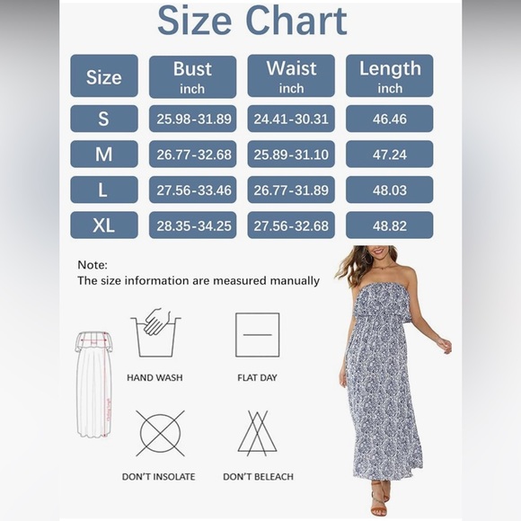 Women's Off The Shoulder Maxi Dress Ruffle Strapless Blue White Porcelain Boho - Picture 3 of 3